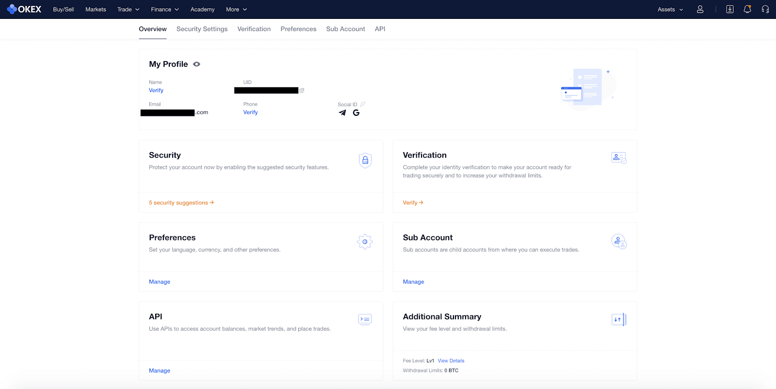 إعدادات الحساب على منصة okex