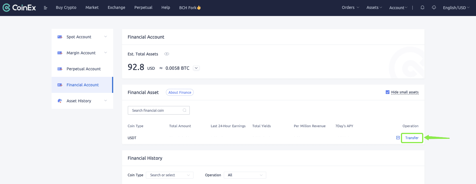 تحويل الأصول الخاملة إلى حساب coinex المالي الخاص بك 